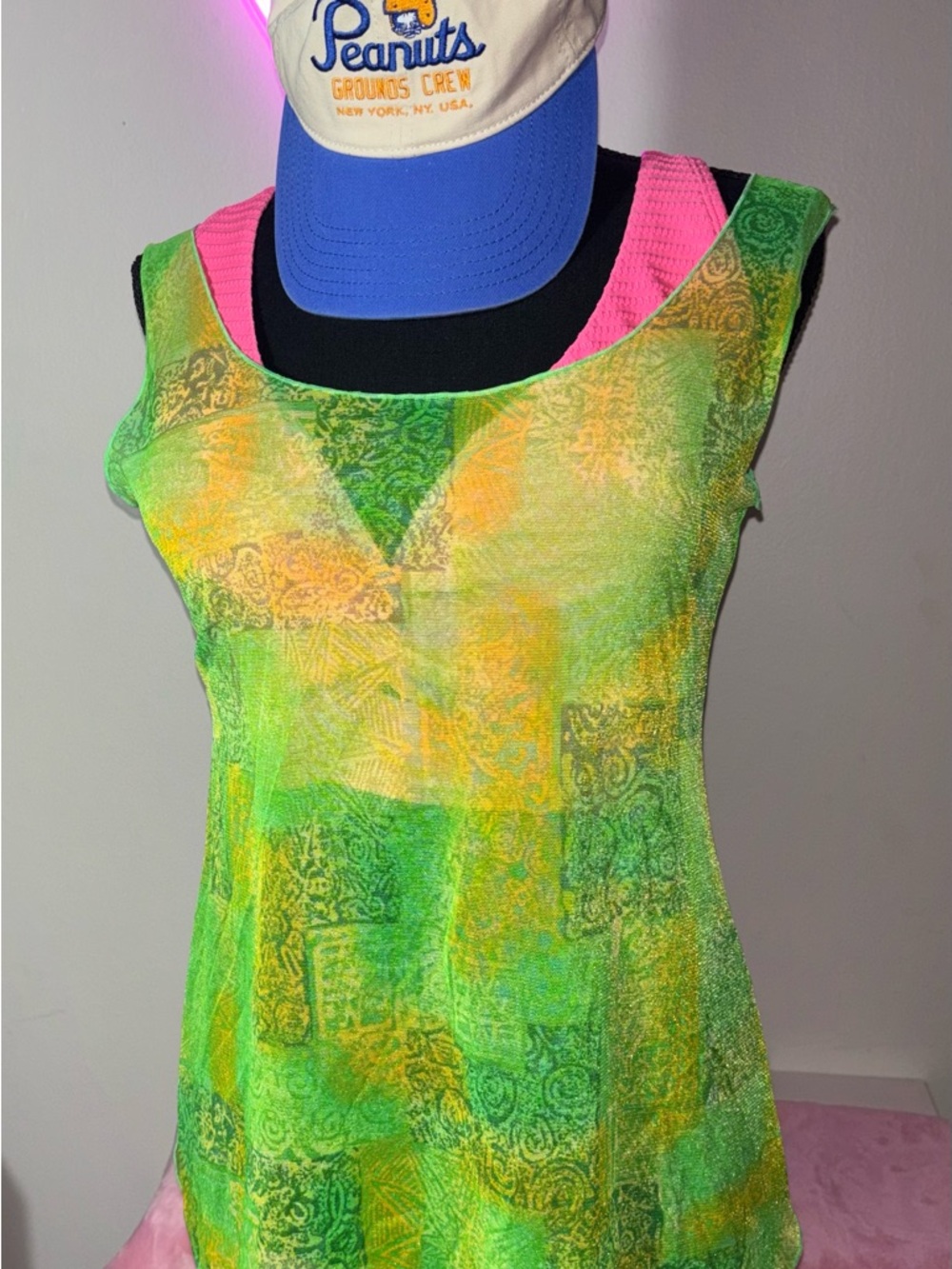 Vintage Endless Sun Green Sheer Mesh Top Patchwork Print Size Small
